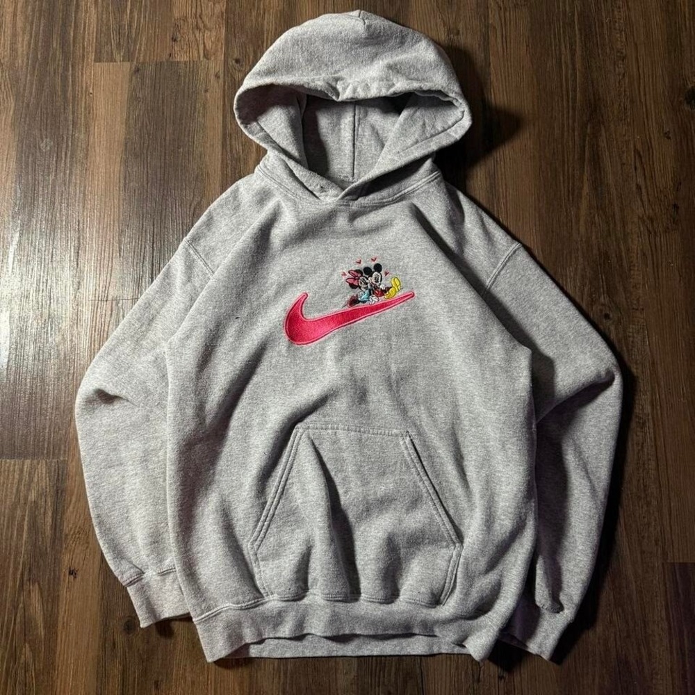 Nike‎ Hoodie Gray Minnie Mouse Embroidered Pink Swoosh Pullover